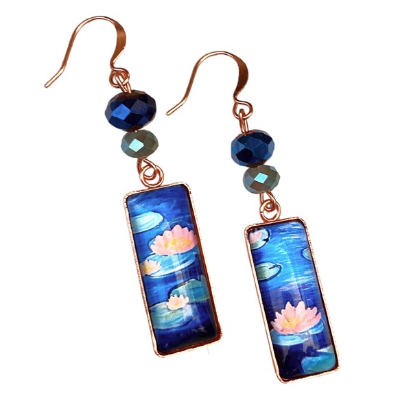 Water Lilies Earrings Claude Monet Handmade Art Pink Blue Glass Labradorite - Picture 1 of 7